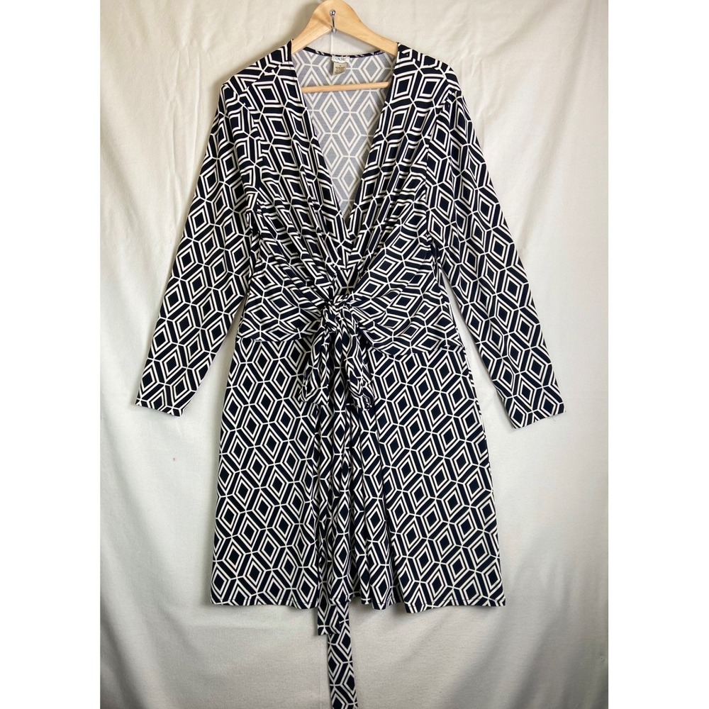 Cache Women's Geometric Wrap Dress XL Black White Tie Waist Long Sleeve Stretch